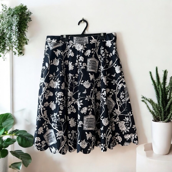 Talbots Black/Grey/White Bird Cages/Floral/Branches Print A-Line Skirt - Picture 14 of 14